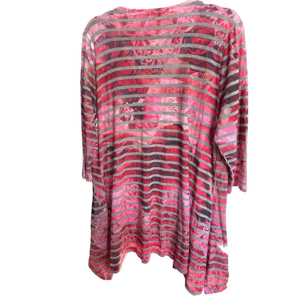 Live and Let Live sz 1X pink roses stripe rhinestone v neck handkerchief hem top - Picture 3 of 7
